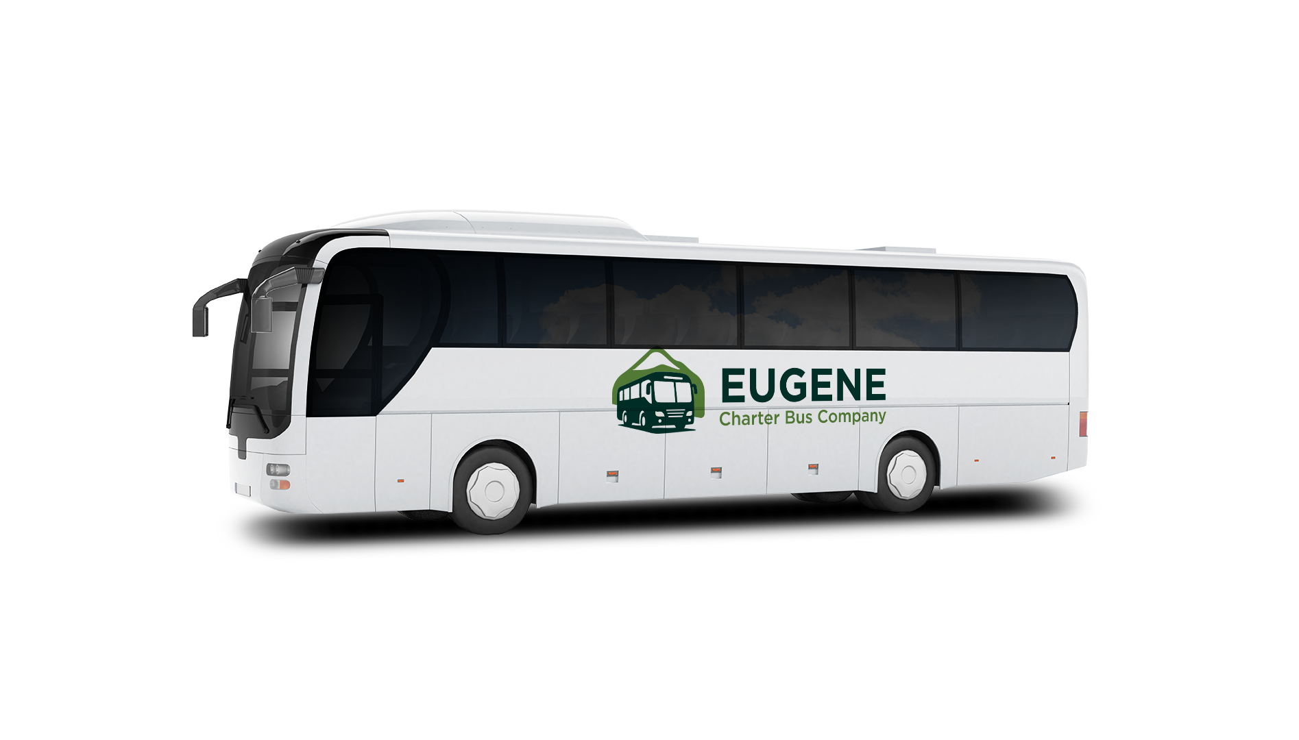 a plain white charter bus with an Eugene charter bus company logo